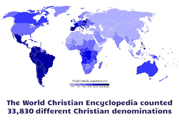 The World Christian Encyclopedia counted 33,830 different Christian denominations