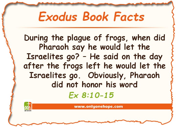 During the plague of frogs, when did Pharaoh say he would let the Israelites go? – He said on the day after the frogs left he would let the Israelites go. Obviously, Pharaoh did not honor his word