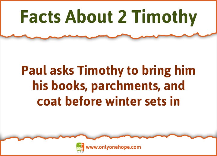Paul asks Timothy to bring him his books, parchments, and coat before winter sets in